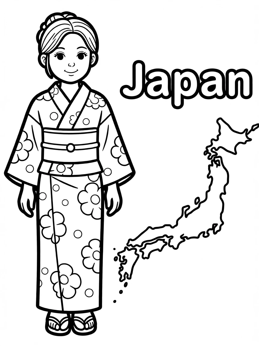 A friendly kimono, a simple outline map of Japan, and the word "Japan"