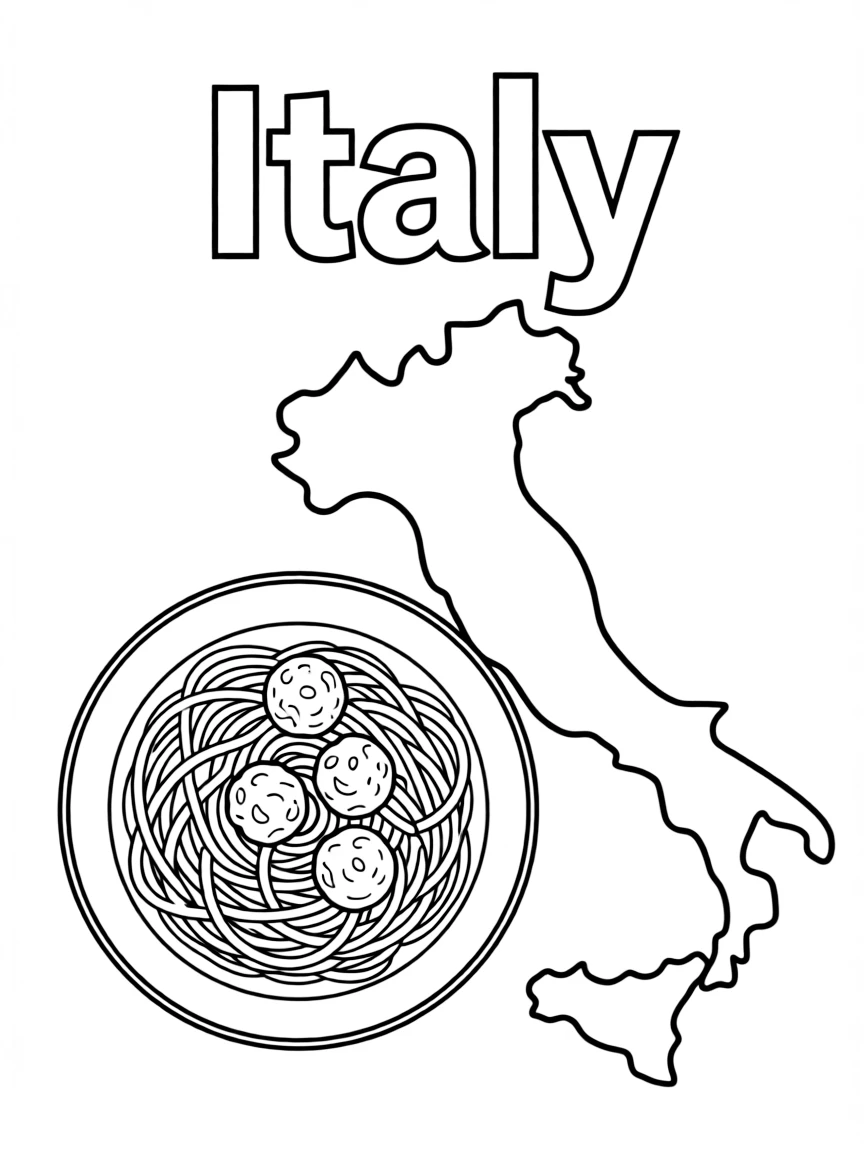 plate of spaghetti, a simple outline map of Italy, and the word "Italy"
