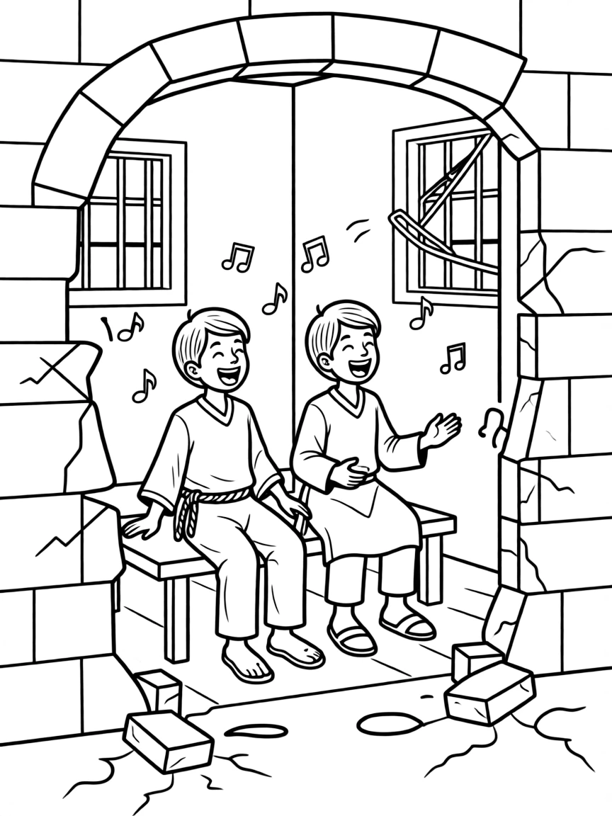 Paul and Silas singing hymns in the prison, while the earthquake occurs.