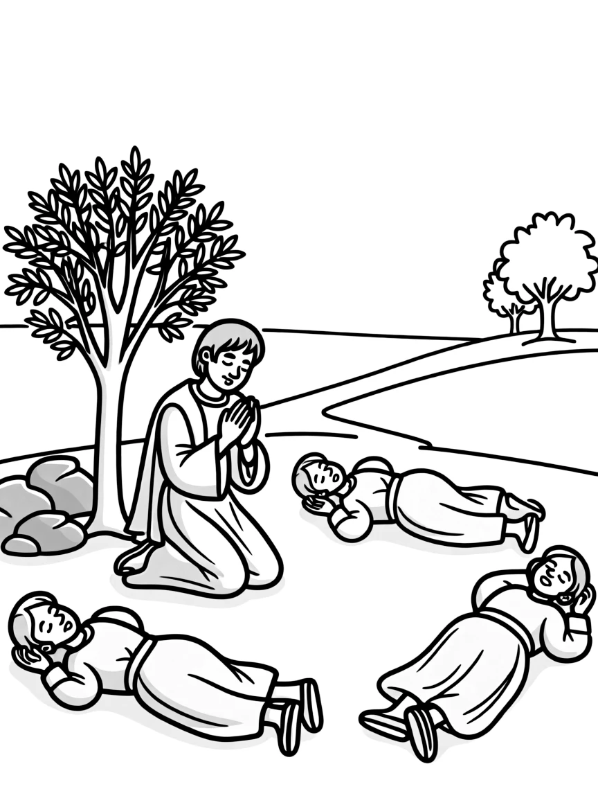Jesus praying in the Garden of Gethsemane, with his disciples sleeping.