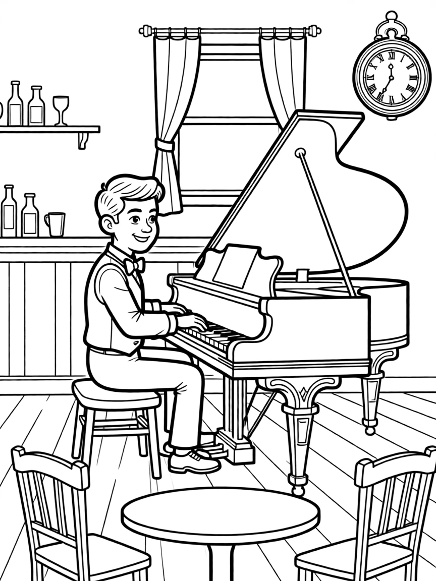Ragtime piano player in saloon setting