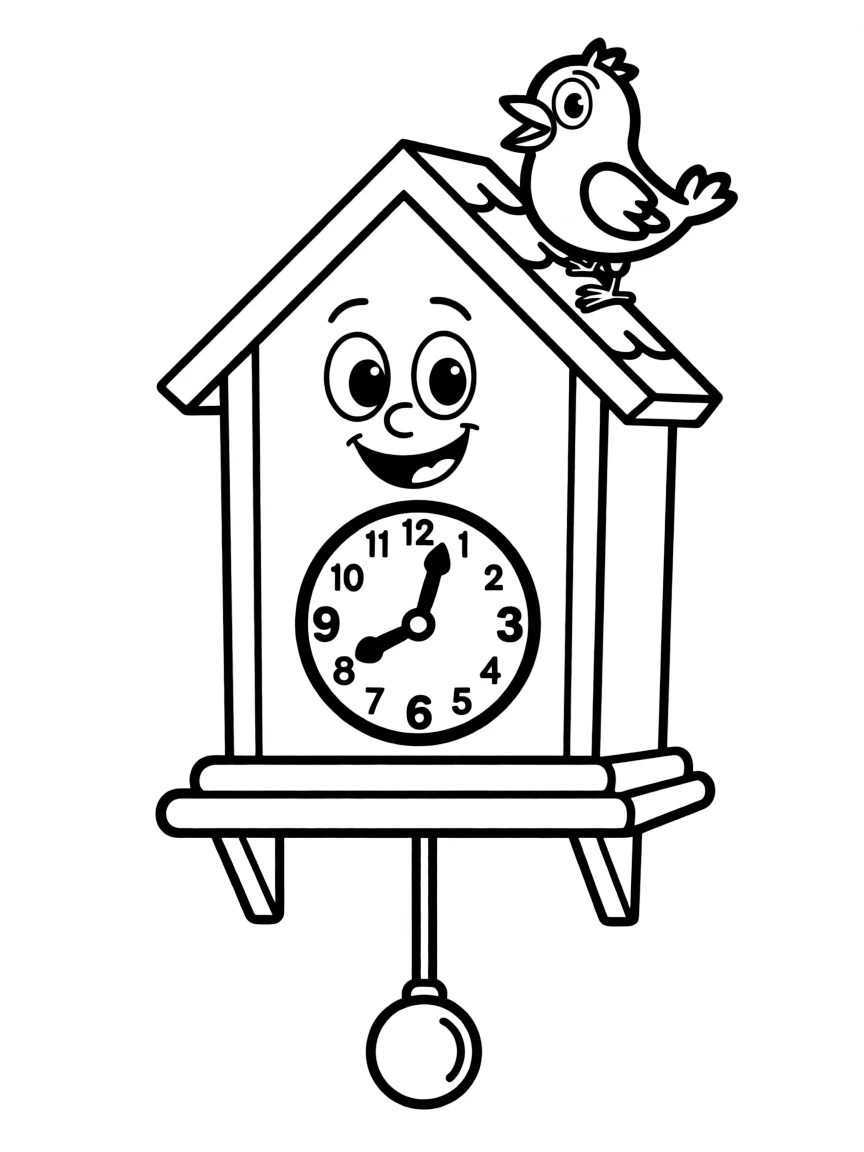 Smiling cuckoo clock with bird friend and pendulum