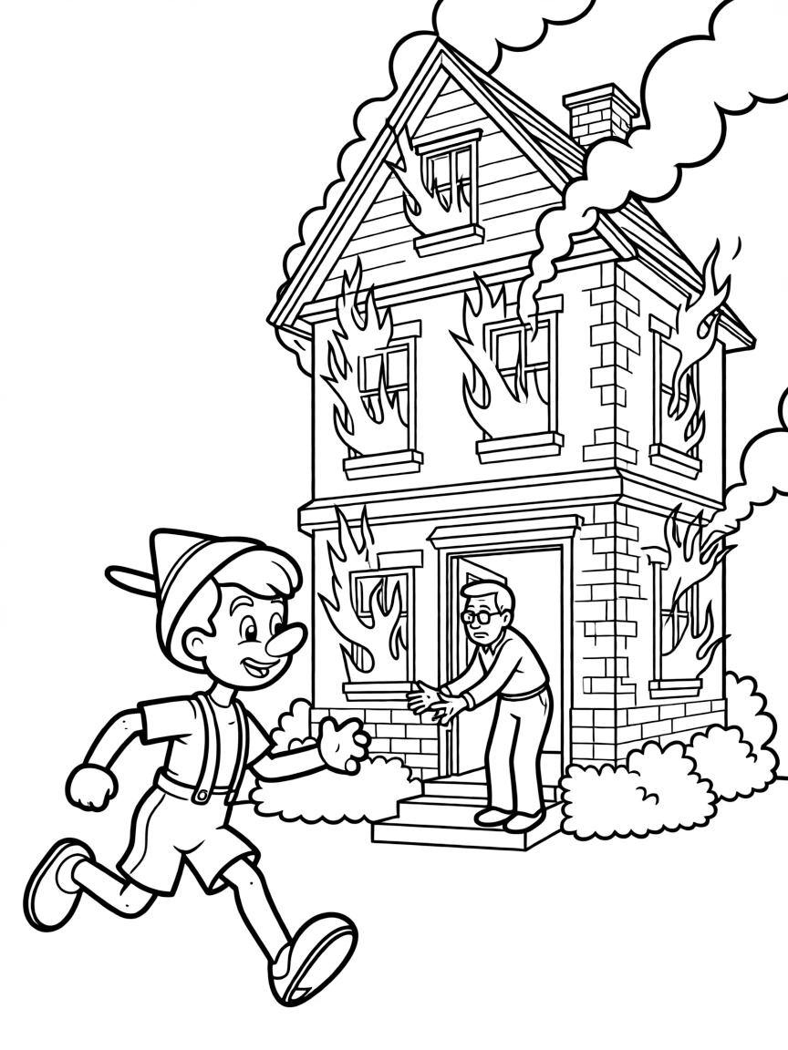Pinocchio running into a burning building to save Geppetto.