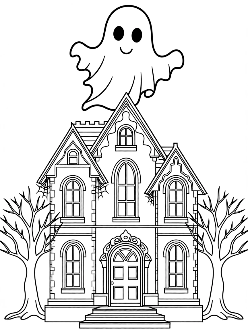 Ghost floating through haunted mansion, with sheet-like appearance and spooky Victorian house details