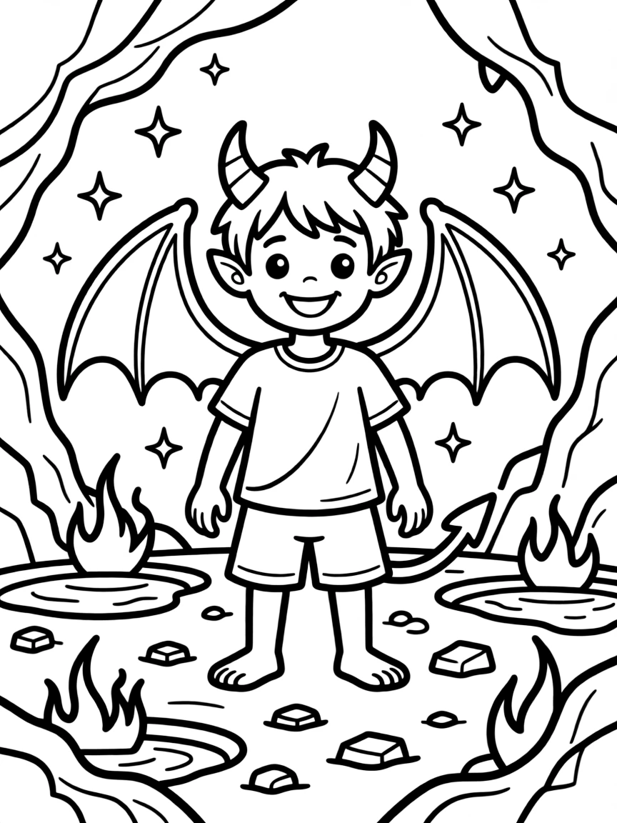 Demon with horns and wings in underworld setting, with fire and brimstone creating hellish landscape