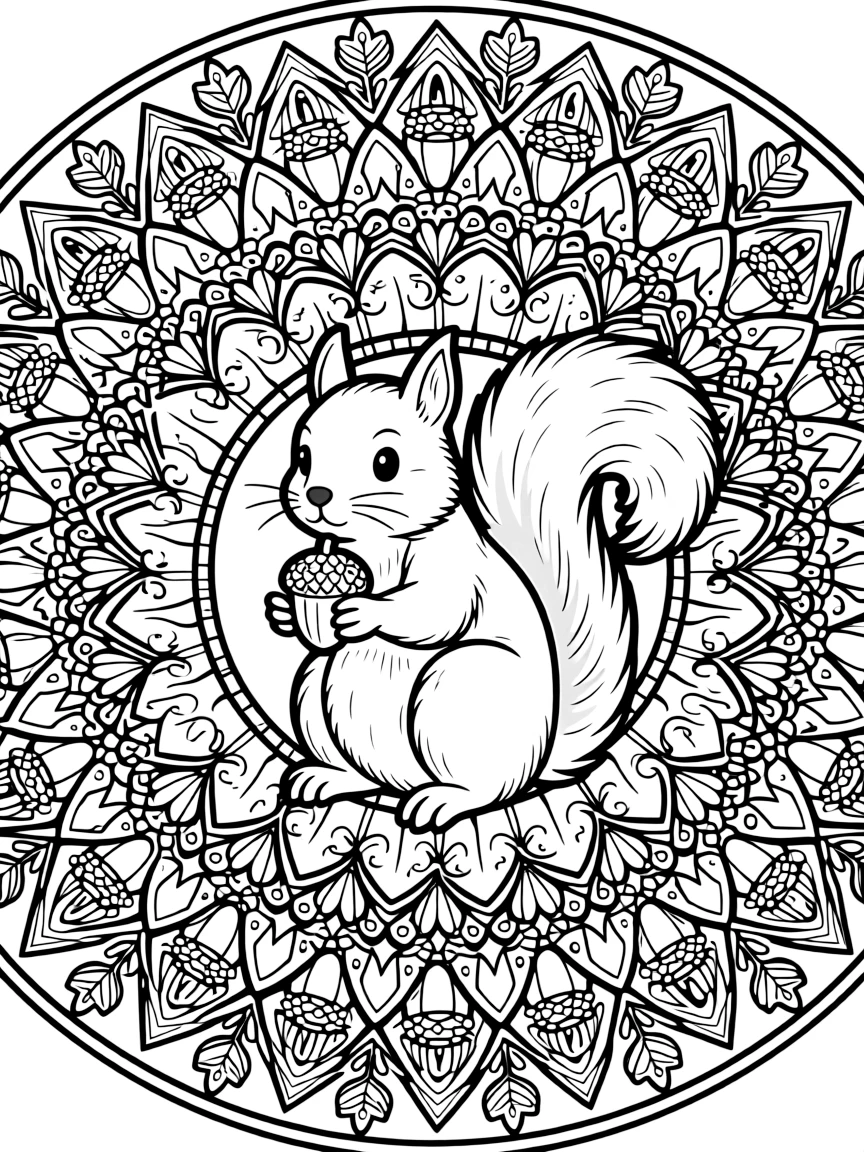 Squirrel with acorn patterns forming a forest mandala design