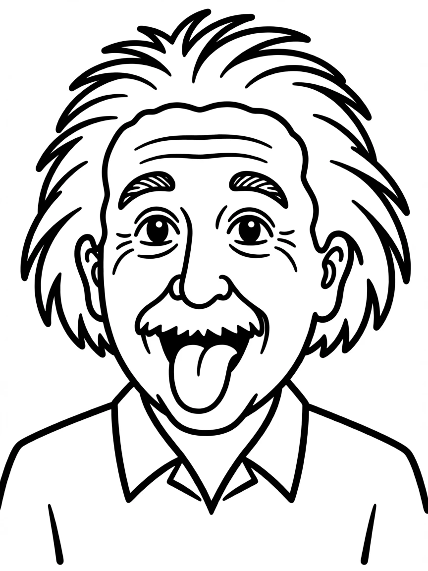 A simple cartoon-style drawing of the famous picture that Albert Einstein quickly sketched with his tongue playfully sticking out, perfect for a kids' coloring page.