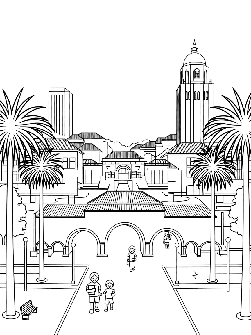 A simple line drawing of the Stanford campus with its iconic buildings