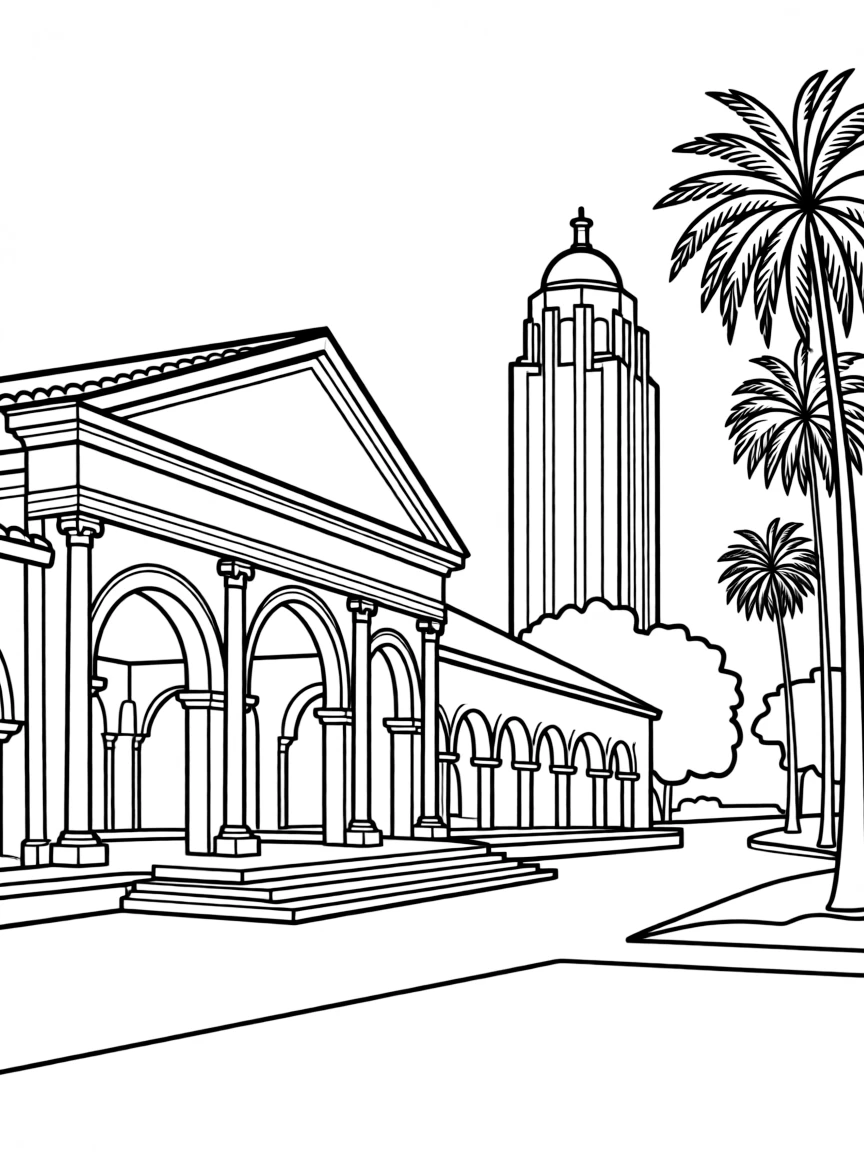 A simple line drawing of the Stanford campus with its iconic buildings