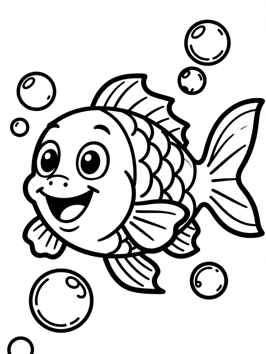 Cheerful Cartoon Fish Coloring Page with Bubbles and Fins