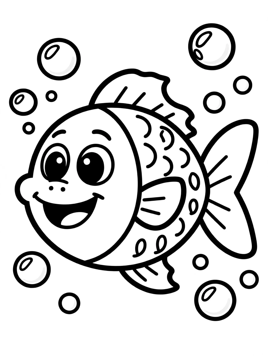 Cheerful cartoon fish coloring page with bubbles and fins