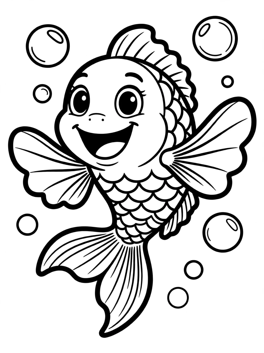 Cheerful cartoon fish coloring page with bubbles and fins