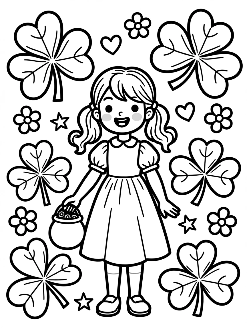 playful black-and-white march coloring page with shamrocks and flowers coloring page