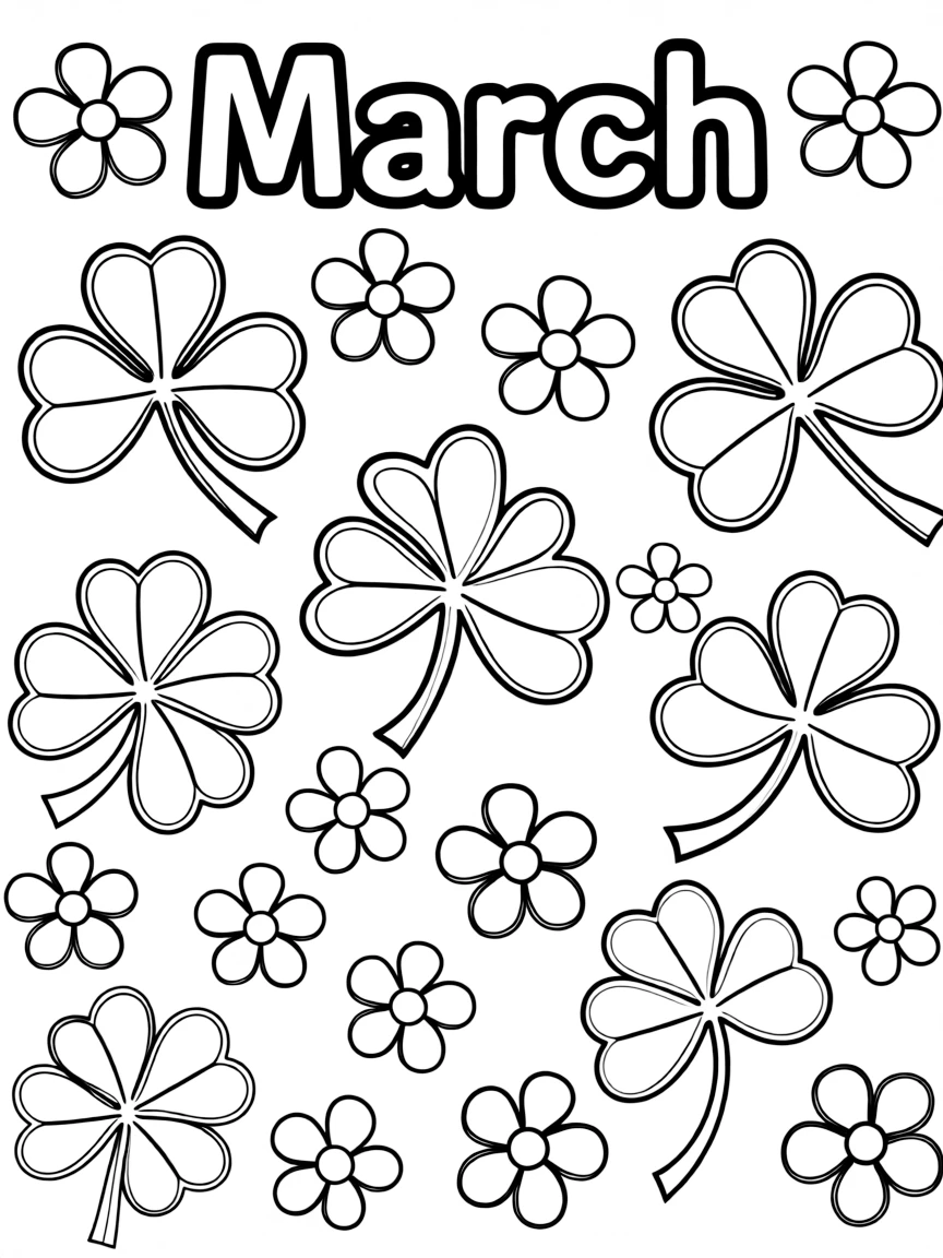 playful black-and-white coloring page with shamrocks and flowers coloring page. title "March" on the top