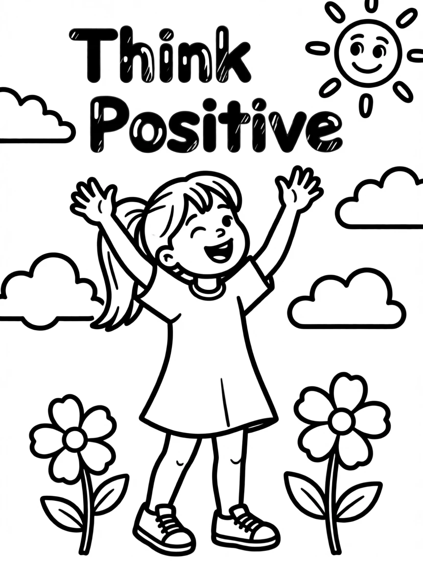 Think positive motivational coloring page art, include the text "Think Positive".