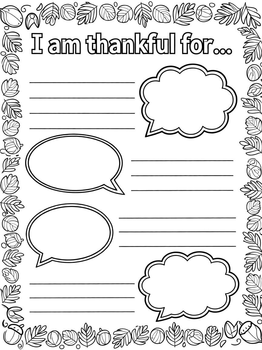 Hand-drawn gratitude coloring card with decorative border, featuring 'I am thankful for...' text at the top and multiple blank lines or speech bubbles below for children to write or draw what they're grateful for. Include autumn-themed decorative elements like leaves, acorns, and simple flourishes around the borders. Black and white line art suitable for coloring, with clear spaces for personalization.