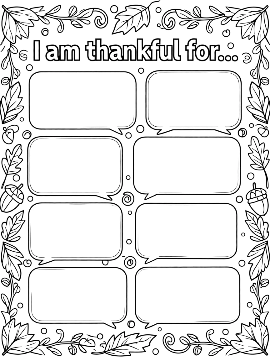 Hand-drawn gratitude coloring card with decorative border, featuring 'I am thankful for...' text at the top and multiple blank lines or speech bubbles below for children to write or draw what they're grateful for. Include autumn-themed decorative elements like leaves, acorns, and simple flourishes around the borders. Black and white line art suitable for coloring, with clear spaces for personalization.