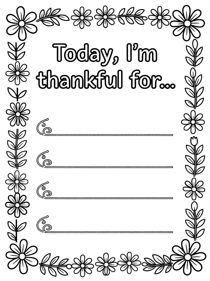 Hand-drawn gratitude coloring page with decorative border, featuring "Today, I'm thankful for..." text and blank lines below for writing. Include simple floral elements. Black and white line art.