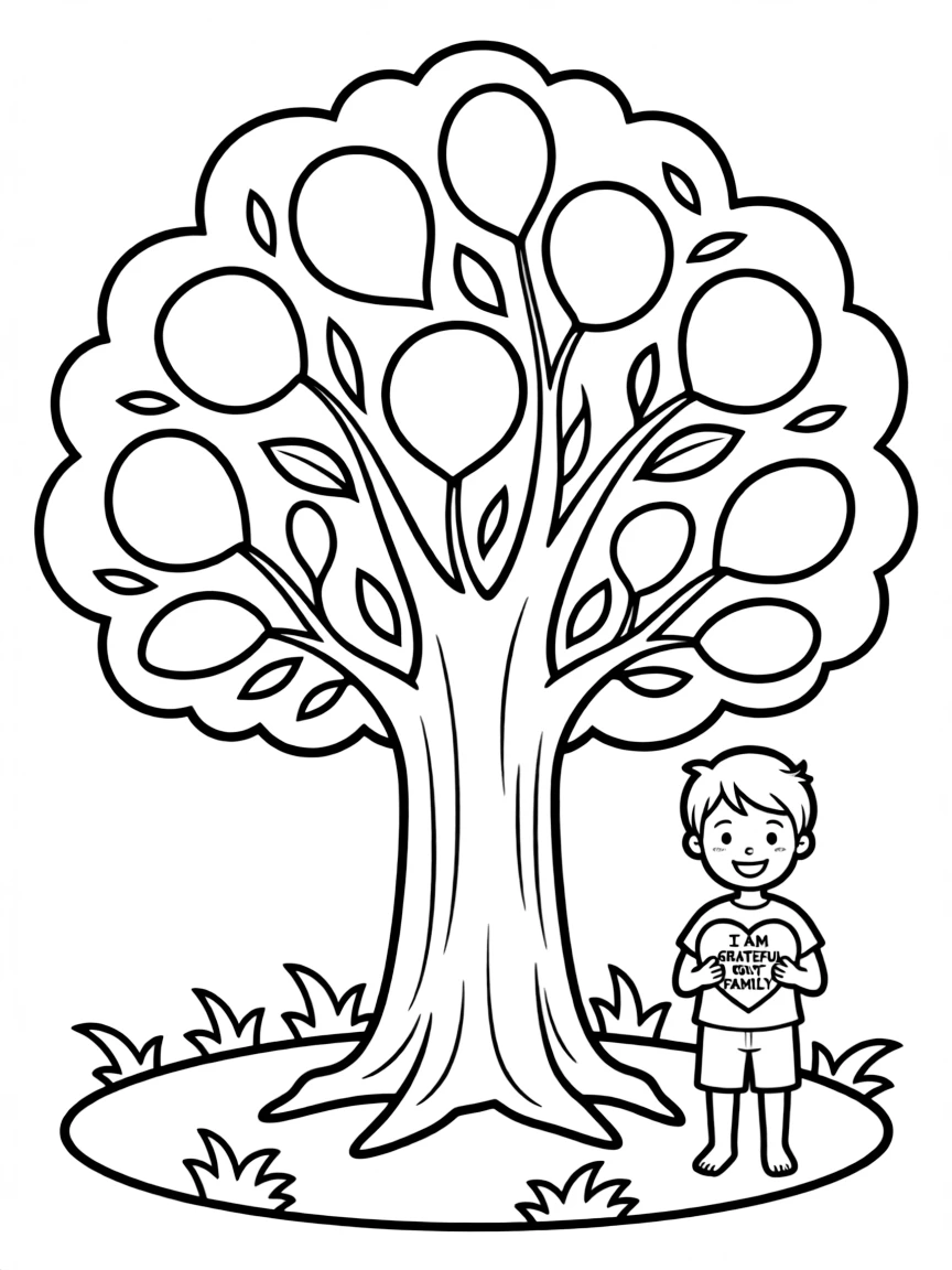 "I am grateful for my family" coloring page with a large tree where each leaf is a blank space for family members' names or drawings. Simple, whimsical style. Black and white line art.
