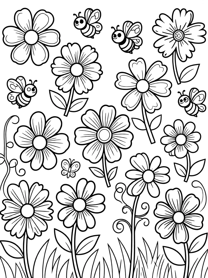 Gratitude garden coloring page. A garden scene with blank flowers, each petal or flower head a space for something they're grateful for. Include buzzing bees or butterflies. Black and white line art.