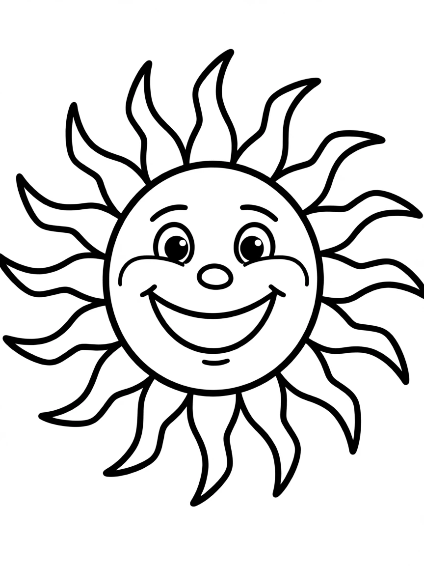 Gratitude sun coloring page. A large sun with rays, each ray a blank line for something they're thankful for. Simple, cheerful design. Black and white line art.
