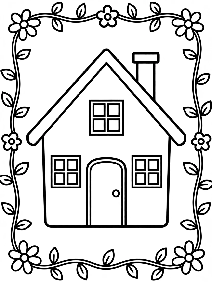 "My Happy Place" coloring page. A blank outline of a house or room, with spaces inside to draw or write about a place they're thankful for. Include a cozy border. Black and white line art.