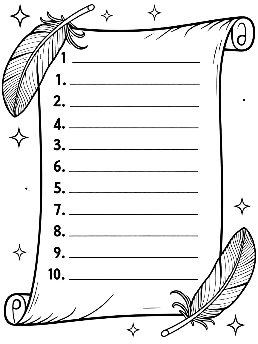 "Blessings List" coloring page. A scroll or parchment outline with numbered blank lines for writing blessings. Include feather or quill decorative elements. Black and white line art.