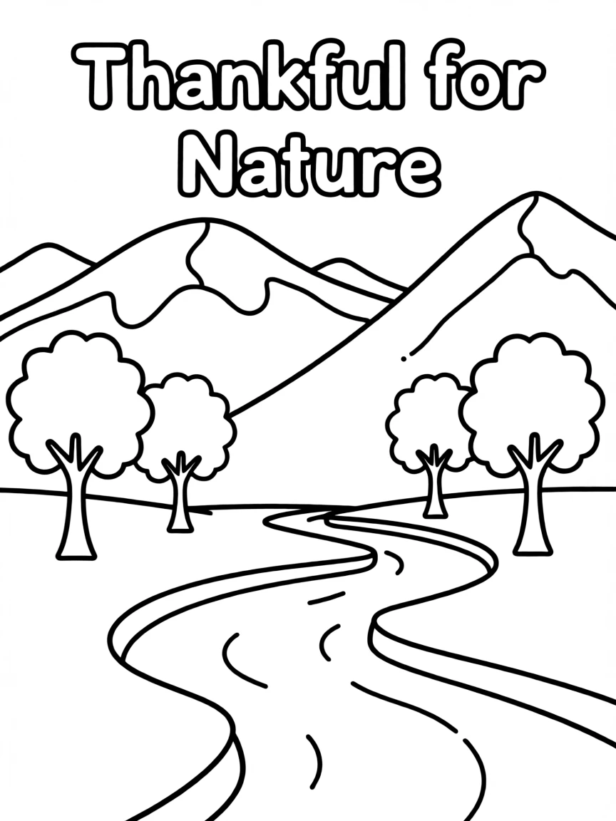 "Thankful for nature" coloring page. A scene with mountains, trees, and a river, with blank spaces on the landscape for writing about natural elements they appreciate. Black and white line art.