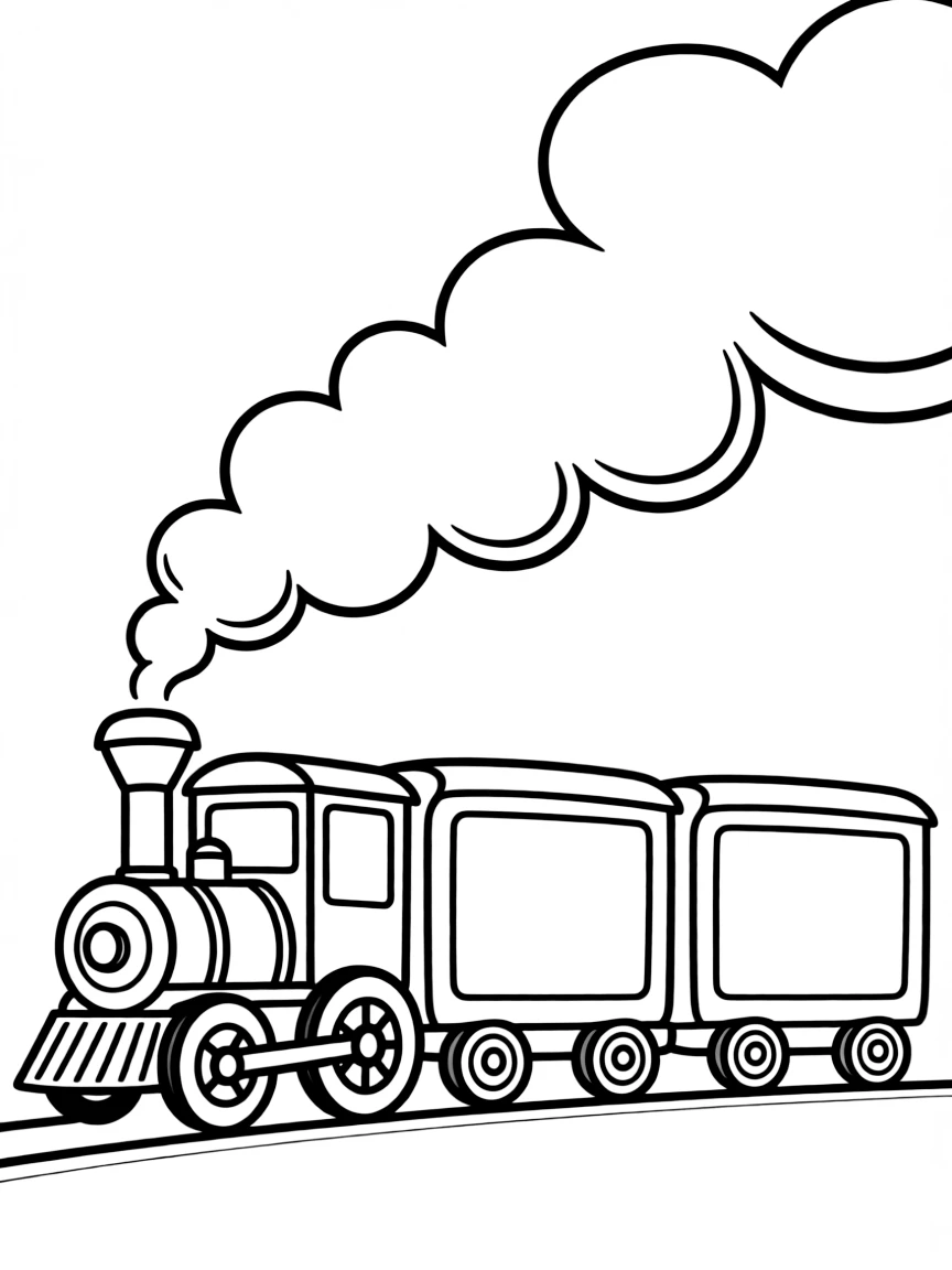Gratitude train coloring page. A train with multiple blank cars, each car a space for a different thankful item. Include smoke trails with blank spaces. Black and white line art.