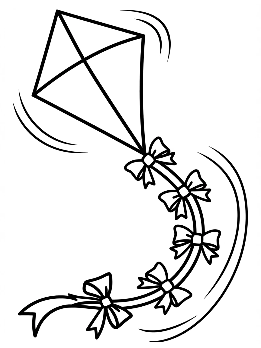 Gratitude kite coloring page. A large kite with a long tail, each bow on the tail a blank space for something they're grateful for. Include a windy background. Black and white line art.