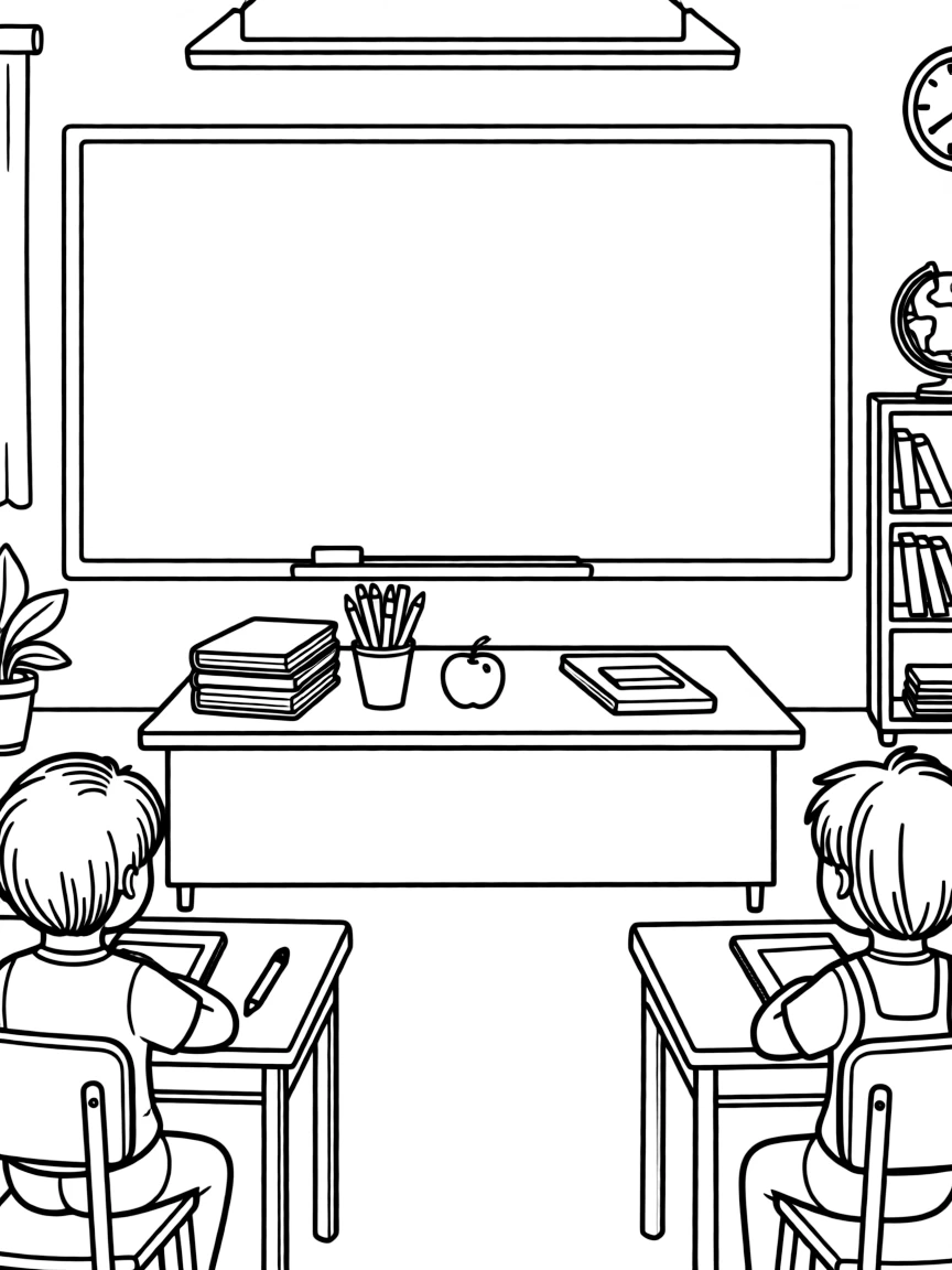 "Thankful for my teachers" coloring page. An outline of a classroom with a blackboard. The blackboard is blank for a thank-you message or drawing. Include school supplies. Black and white line art.