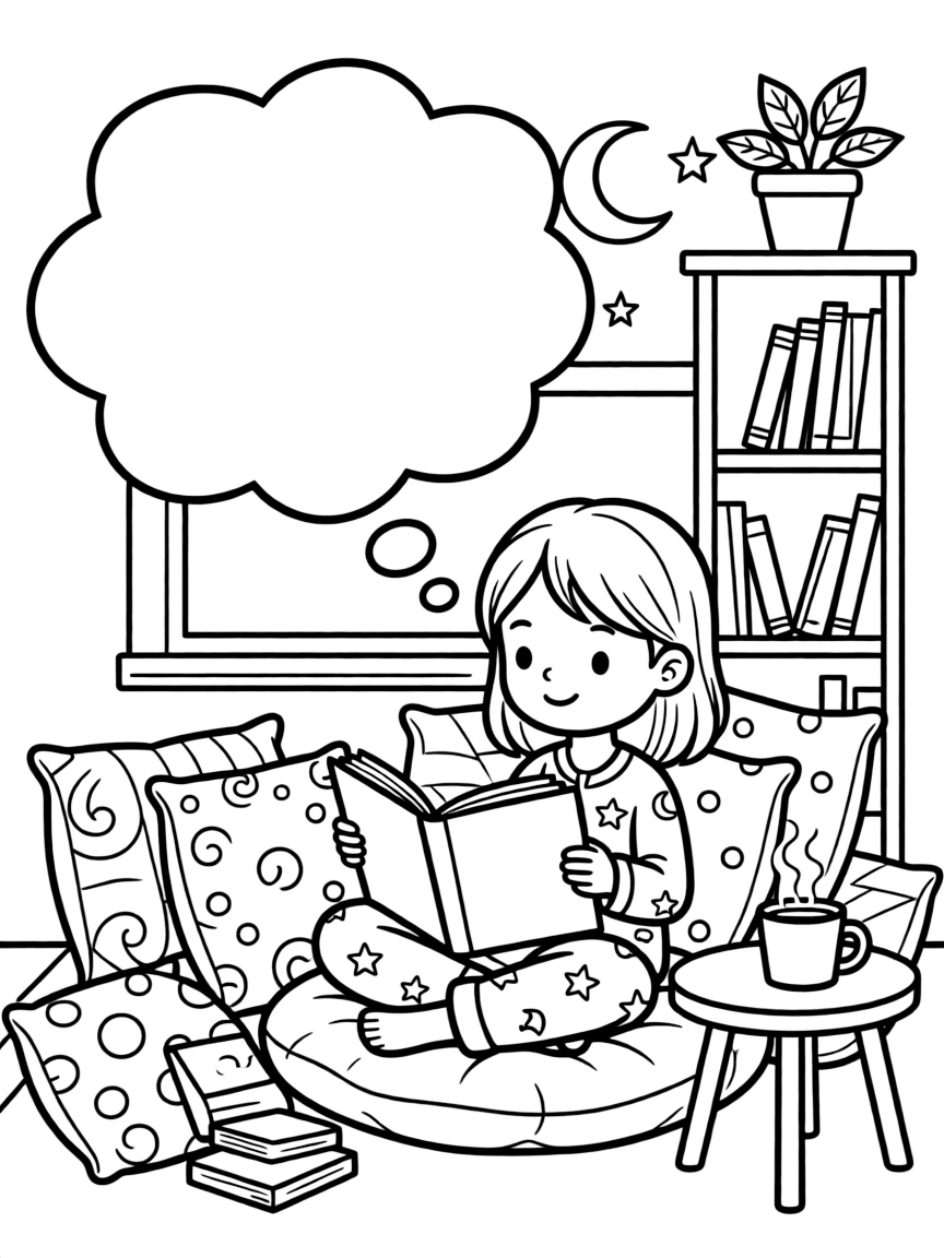 "My Calm Corner" coloring page. A cozy reading nook with a blank book or thought bubble for what helps them feel calm. Include gentle patterns. Black and white line art.