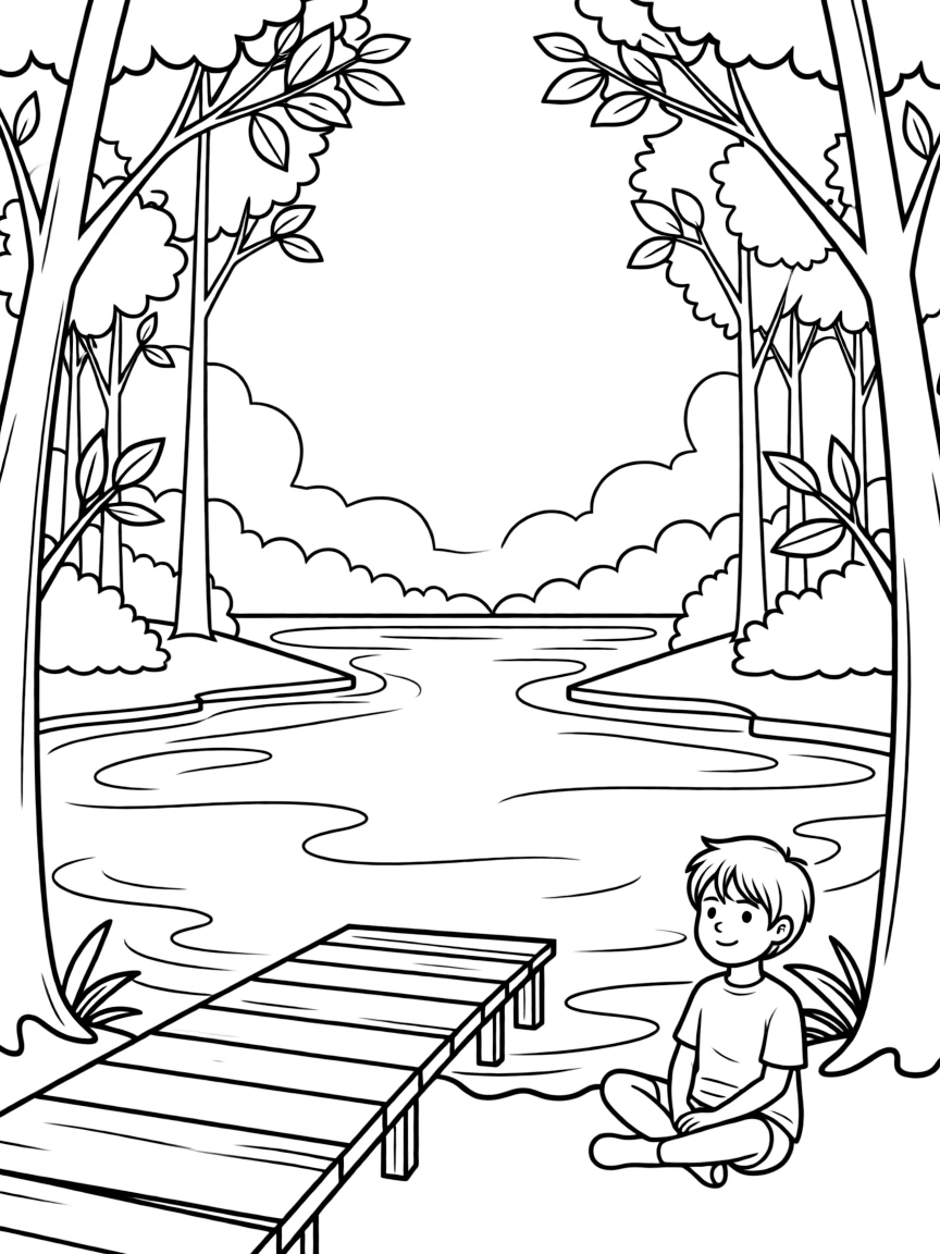 "When I feel peaceful..." coloring page. A serene landscape (lake, forest) with blank spaces to describe peaceful moments. Include gentle waves or leaves. Black and white line art.