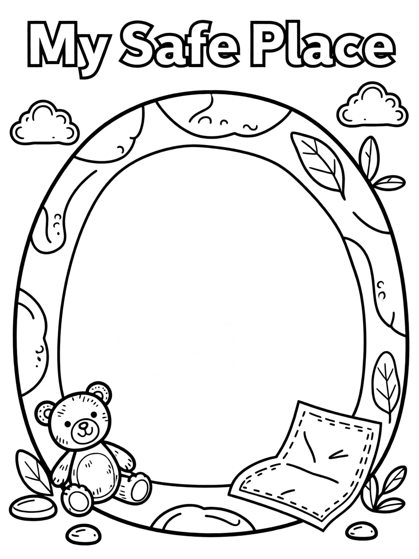 "My safe place" coloring page. A blank "bubble" or "cave" outline with spaces inside for drawing or writing about a safe place. Include comforting textures. Black and white line art.
