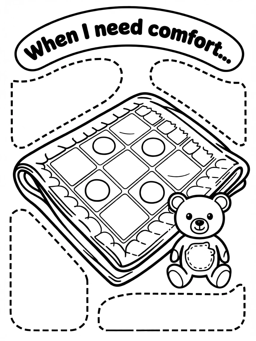 "When I need comfort..." coloring page. An outline of a cozy blanket or soft toy with blank spaces to list comforting things. Include stitched patterns. Black and white line art.