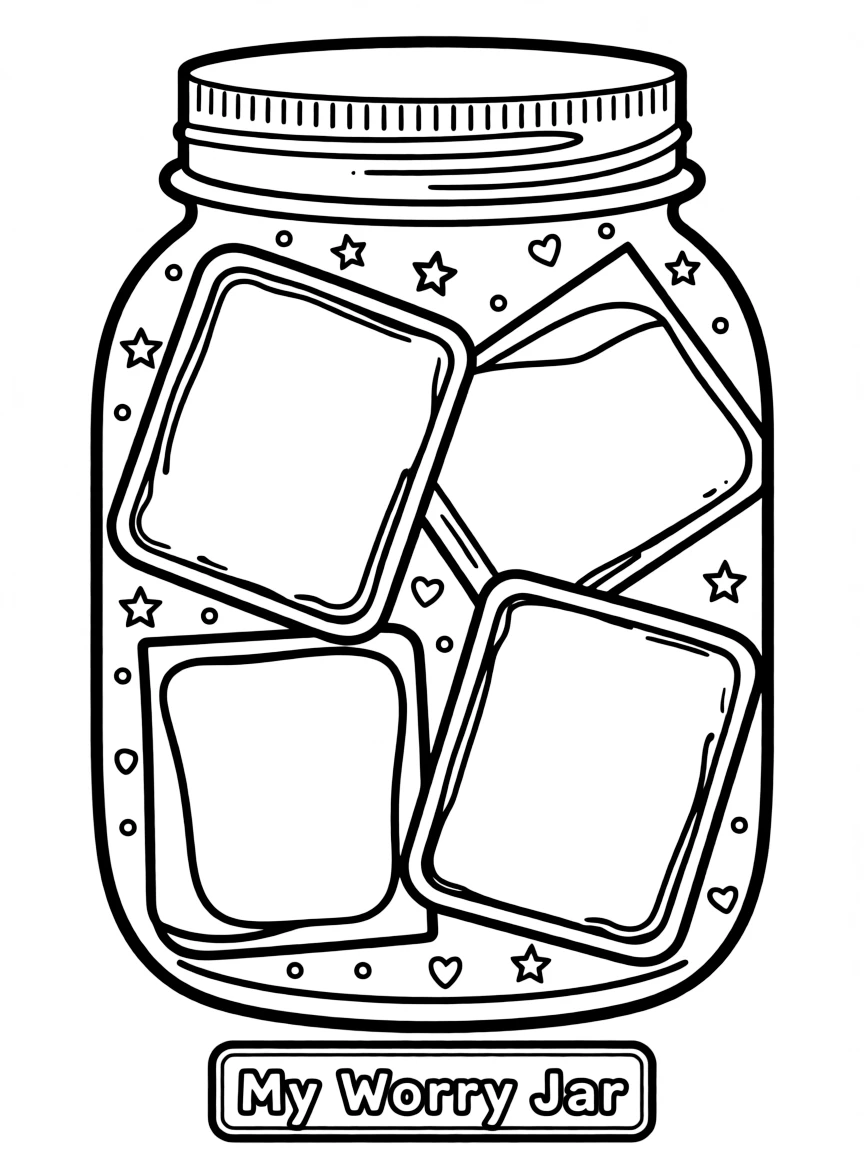 "My worry jar" coloring page. A jar outline with a lid, and blank "slips" inside for children to write down worries they can let go of. Include simple patterns. Black and white line art.
