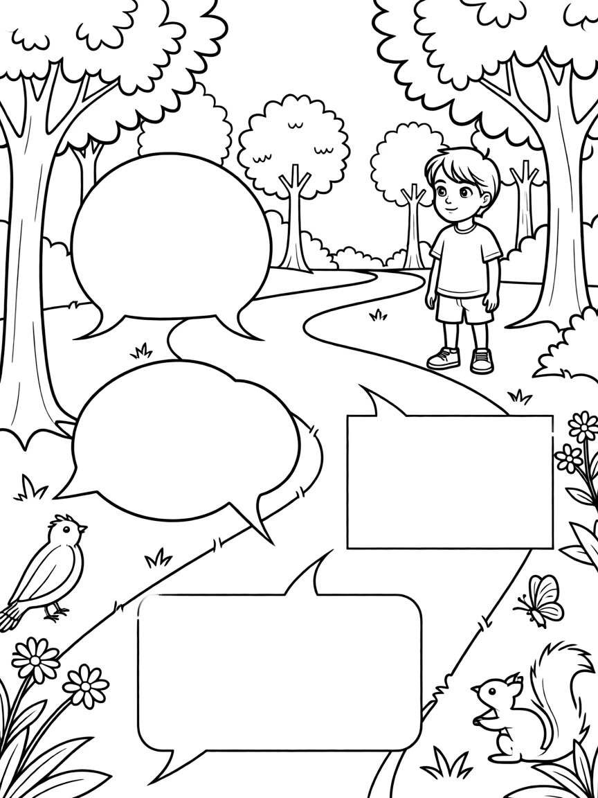"Mindful walk" coloring page. A path leading through a forest or park with blank spaces along the path to describe what they see, hear, or smell. Black and white line art.
