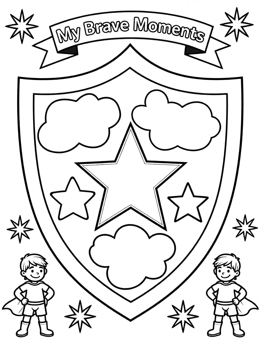 "My brave moments" coloring page. A shield or superhero symbol with blank spaces to write about times they were brave. Include starbursts. Black and white line art.