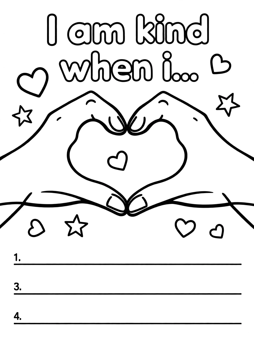 "I am kind" coloring page. Hands making a heart shape with "I am kind when I..." text and blank lines. Include heart and star details. Black and white line art.