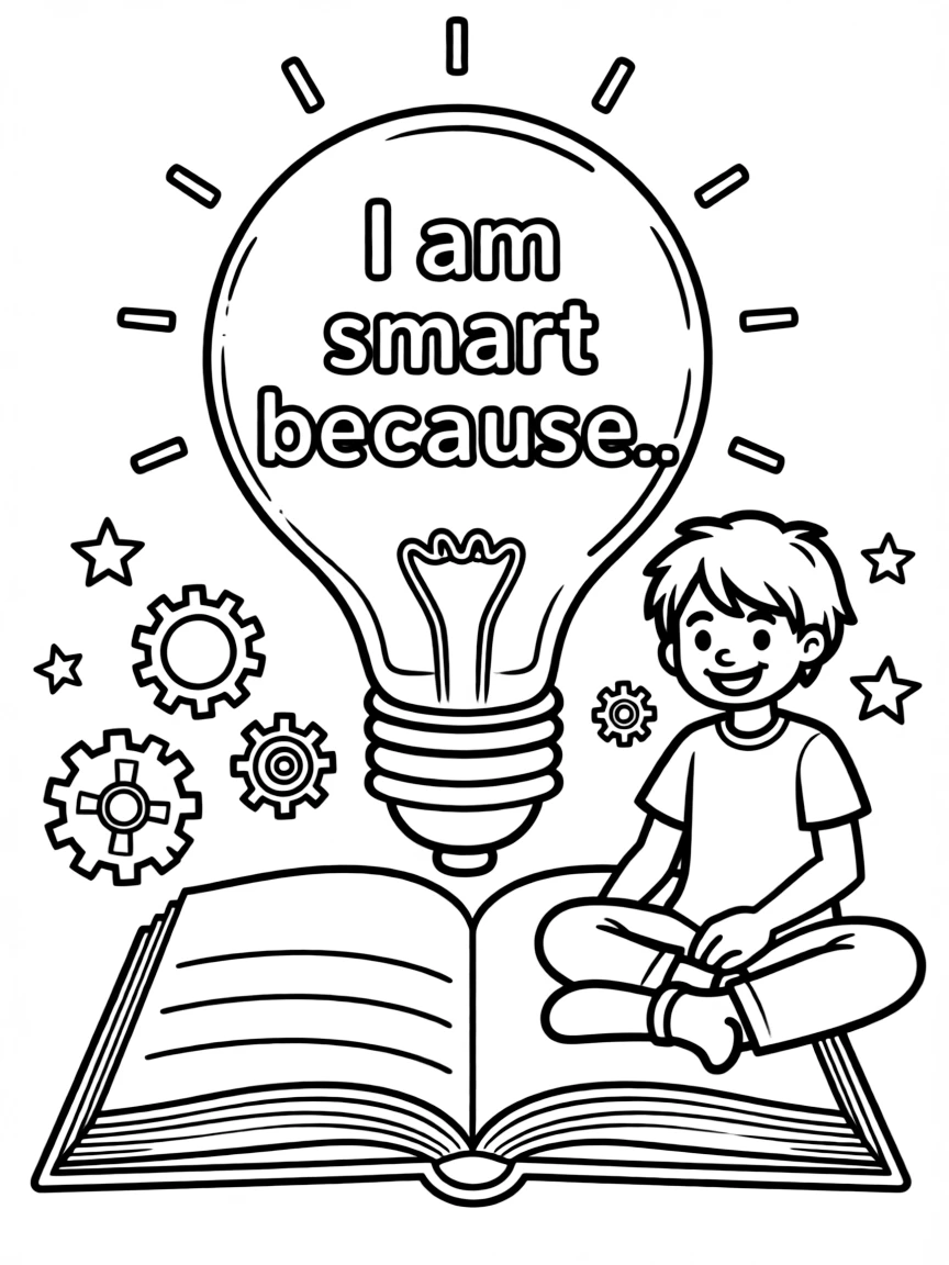 "I am smart" coloring page. An open book or lightbulb with "I am smart because..." text and blank lines. Include small gears or stars. Black and white line art.
