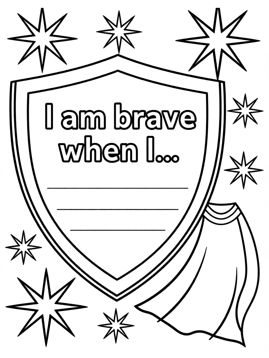 "I am brave" coloring page. A knight's shield or a superhero cape with "I am brave when I..." text and blank lines. Include starbursts. Black and white line art.