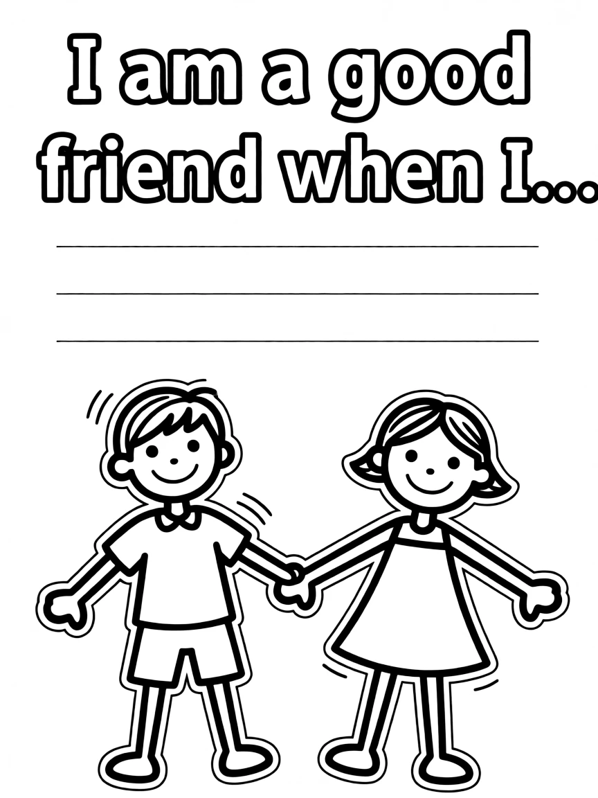 "I am a good friend" coloring page. Two stick figures holding hands, with "I am a good friend when I..." text and blank lines. Include smiles. Black and white line art.