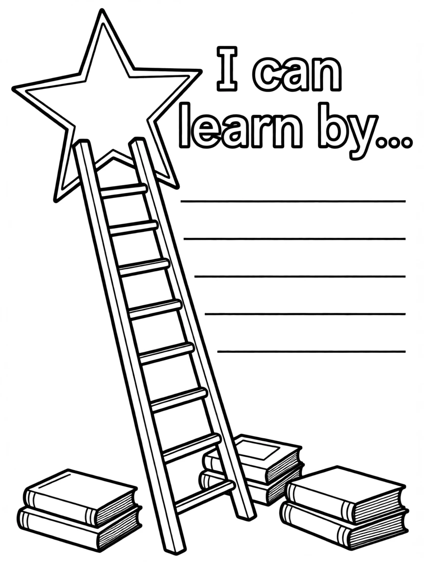 "I can learn anything" coloring page. A ladder reaching up to a star, with "I can learn by..." text and blank lines. Include small books. Black and white line art.
