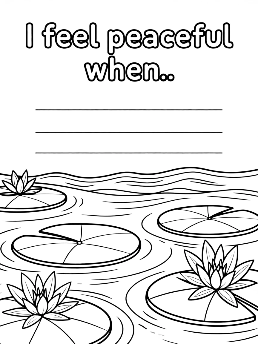 "I am peaceful" coloring page. A calm water scene with lily pads, with "I feel peaceful when..." text and blank lines. Include gentle waves. Black and white line art.