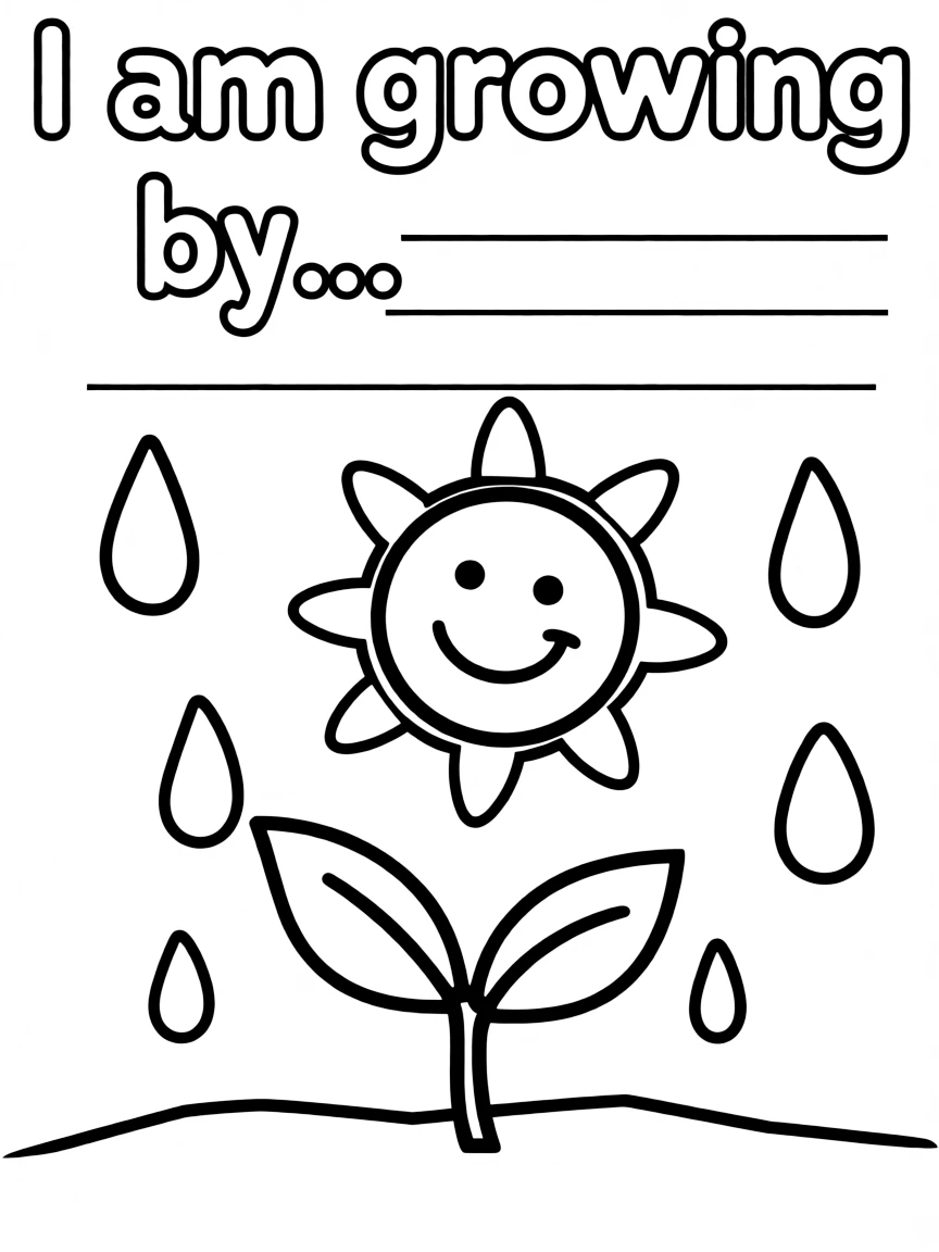 "I am growing" coloring page. A small plant sprouting, with "I am growing by..." text and blank lines. Include sun and raindrops. Black and white line art.