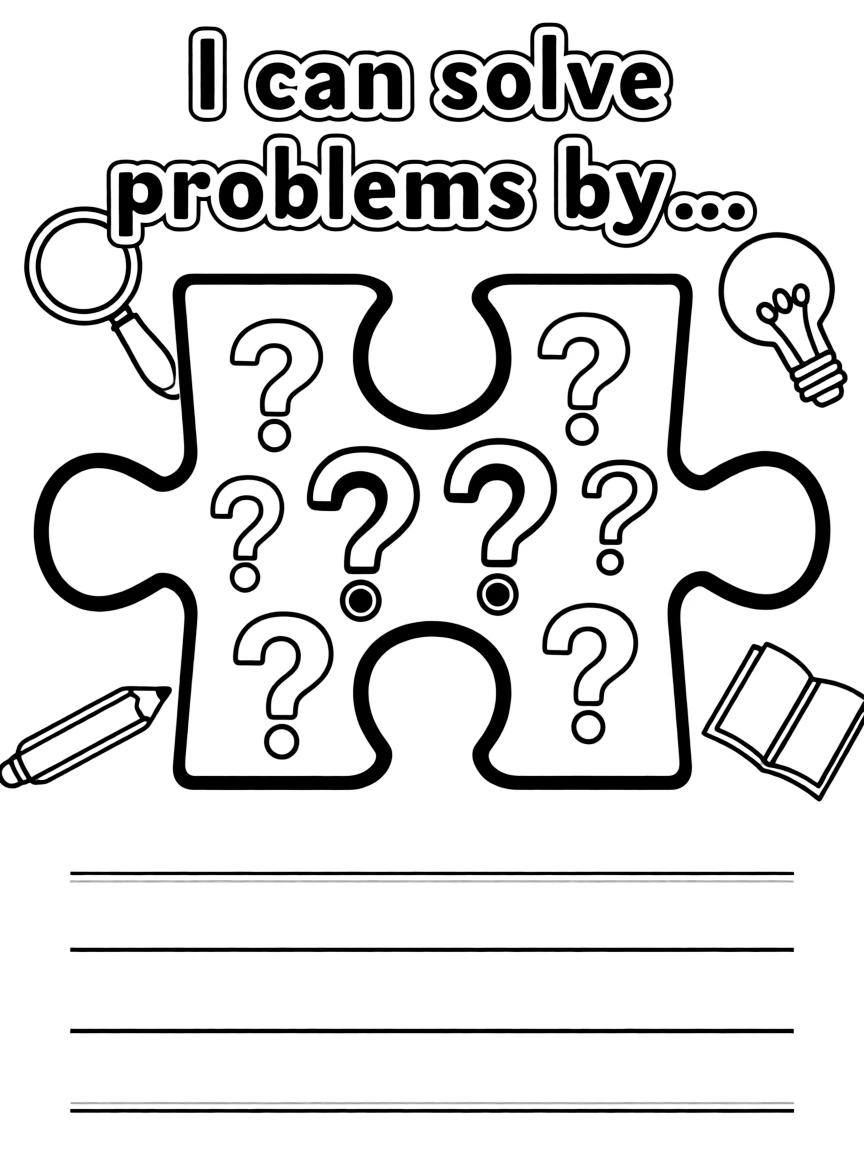 "I am a problem solver" coloring page. A puzzle piece or maze, with "I can solve problems by..." text and blank lines. Include question marks. Black and white line art.