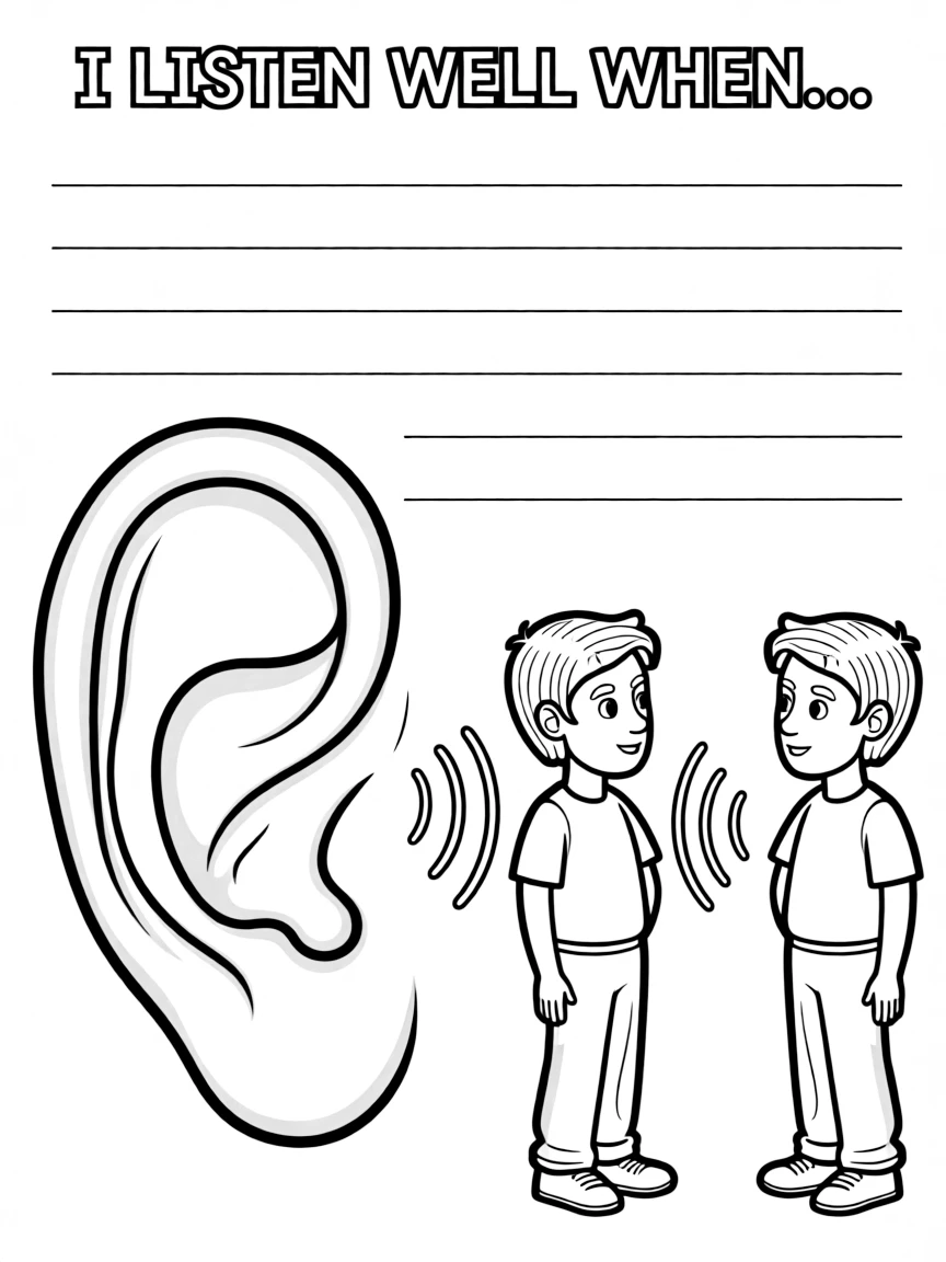 "I am a good listener" coloring page. A large ear or two people talking, with "I listen well when..." text and blank lines. Include sound waves. Black and white line art.