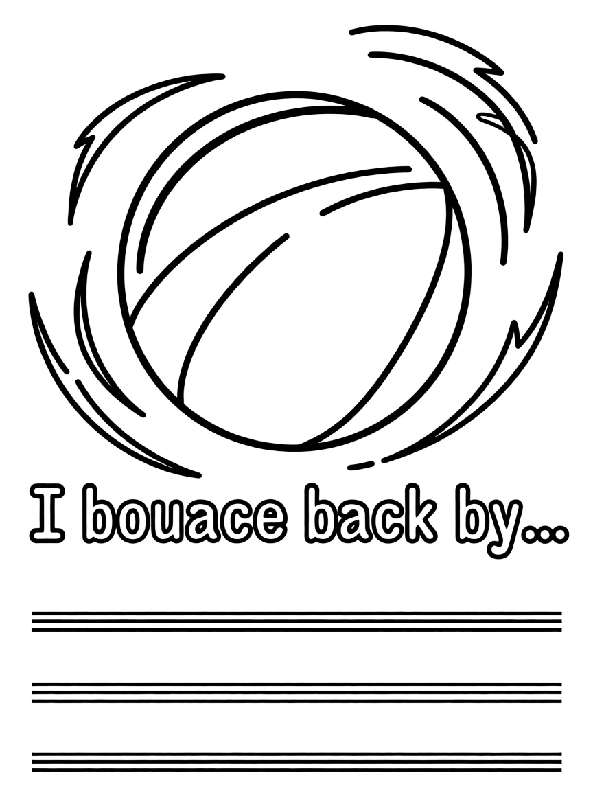 "I am resilient" coloring page. A bouncy ball or spring, with "I bounce back by..." text and blank lines. Include dynamic lines. Black and white line art.