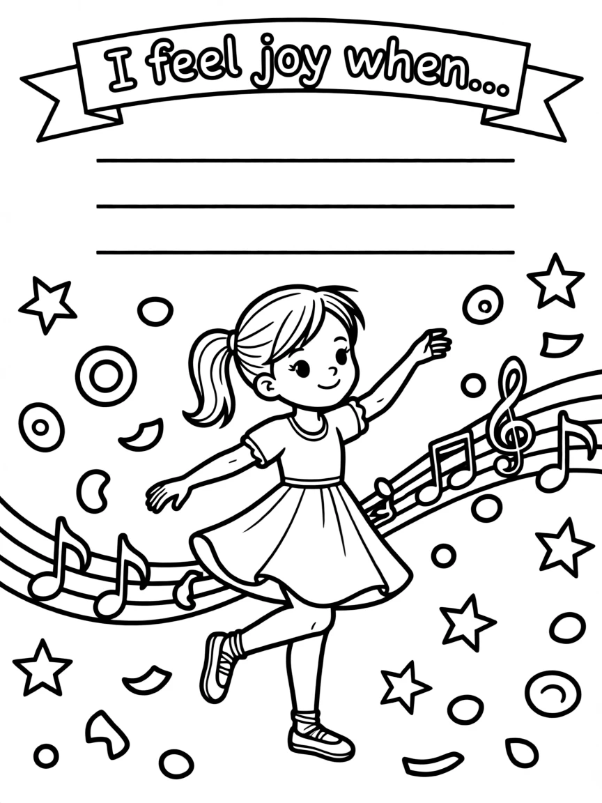 "I am joyful" coloring page. A dancing figure or confetti, with "I feel joy when..." text and blank lines. Include musical notes. Black and white line art.