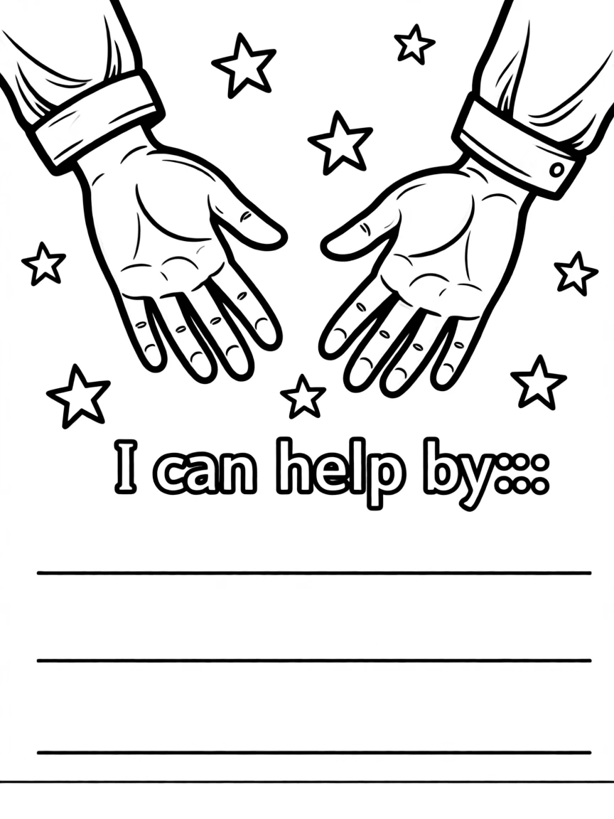 "I am a helper" coloring page. Hands offering something, with "I can help by..." text and blank lines. Include small stars. Black and white line art.